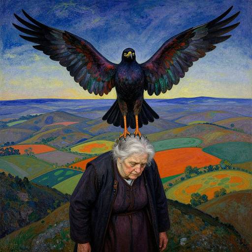 Surreal Soaring Bird and Elderly Woman