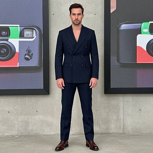 Photograph of a handsome, bearded man with short dark hair, wearing a black pinstripe double-breasted suit, standing in front of large