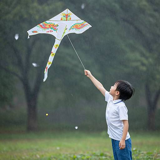 Child Flying Dragon Kite in Feathered Rain