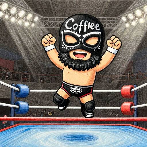 Digital cartoon of a bearded wrestler wearing a 