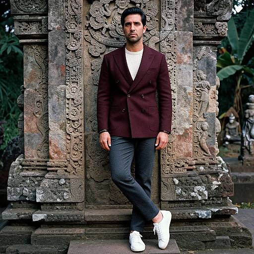 Stylish Man at Ancient Stone Temple