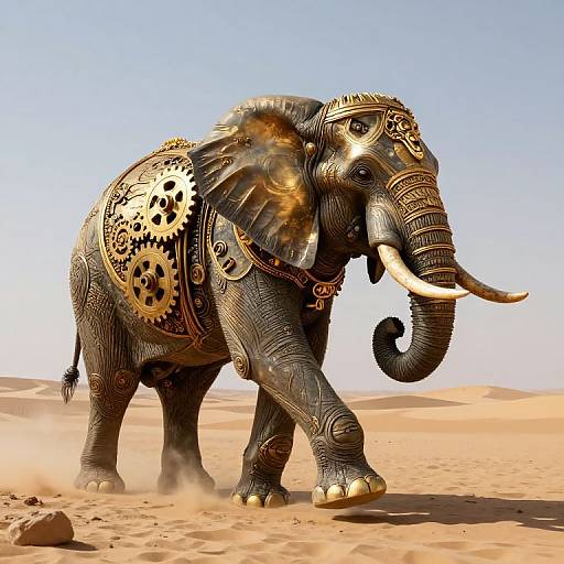 Photorealistic digital artwork of a steampunk elephant in a desert, adorned with intricate gears, golden patterns, and ornate headgear, with