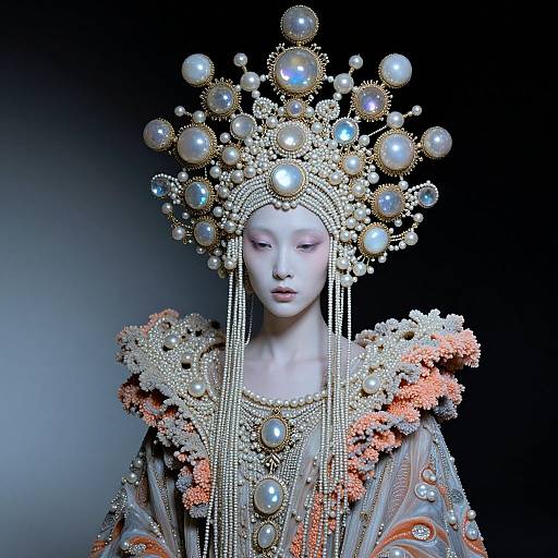 Photograph of an East Asian woman with pale skin wearing an elaborate, pearl and gold headdress, and intricate, beaded, coral-accented