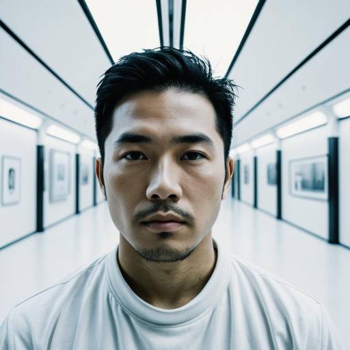 Portrait of Asian Man in Futuristic White Corridor