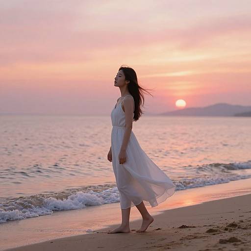 Serene Beach Sunset with Flowing Dress