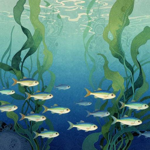 Digital illustration of a vibrant underwater scene with glowing white fish swimming amidst green, wavy seaweed in a blue ocean.