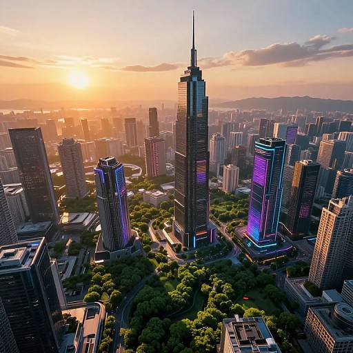 Aerial photograph of a futuristic cityscape at sunset, featuring towering skyscrapers with neon lights, lush green parks, and a vibrant skyline under a