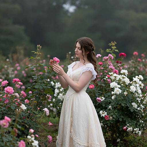 Photograph of a fair-skinned woman with wavy brown hair, wearing a white lace dress, gently touching pink roses in a lush garden filled with