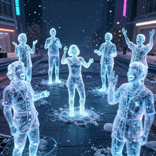 Digital artwork of glowing, translucent human figures dancing in a snowy, neon-lit city street at night, with colorful neon signs in the background.