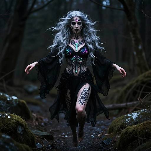 Digital fantasy artwork of a silver-haired, tattooed, dark-forest witch with glowing chest tattoos, black flowing dress, and intense, mystical gaze.