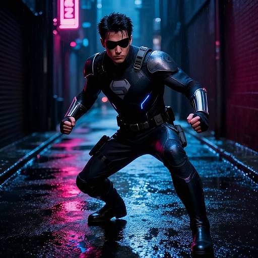 Photograph of a muscular man in a black, futuristic, armored suit with metallic shoulder plates and gloves, crouching in a neon-lit,