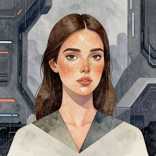 Digital painting of a freckled, fair-skinned woman with brown hair, wearing a white and gray top, set against a futuristic, metallic background