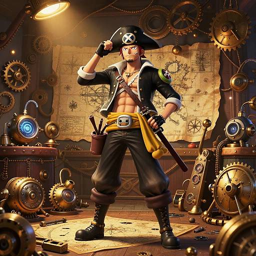 Digital art of a muscular pirate with a skull hat, black coat, and exposed abs, standing confidently in a steampunk workshop with gears and maps