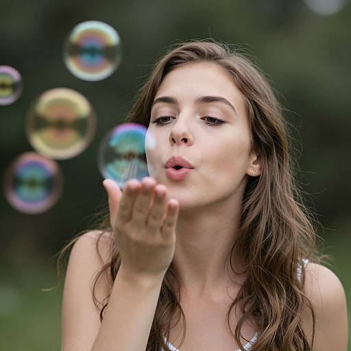 Photograph of a young woman with long brown hair blowing bubbles, her lips slightly puckered, green blurred background, colorful bubbles floating.