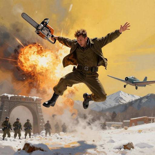 Action Soldier Jumping with Chainsaw and Explosions