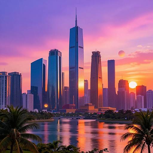 Photograph of a vibrant sunset over a modern city skyline with tall skyscrapers, reflecting on a calm river, framed by palm trees.