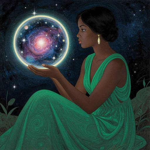 Digital artwork of a dark-skinned woman in a green dress, holding a glowing, cosmic sphere with stars and galaxies against a dark, starry background