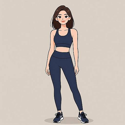 Digital drawing of a smiling young woman with straight brown hair, wearing a black sports bra and matching high-waisted leggings, and black sneakers, standing
