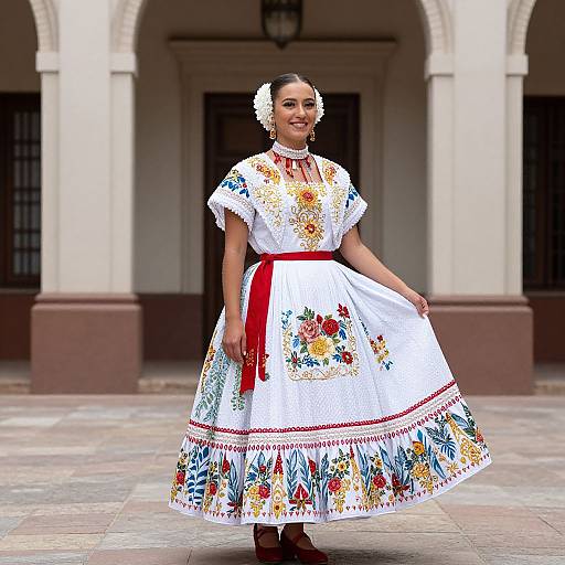 Photograph of a smiling woman in traditional Mexican dress with colorful floral embroidery, white blouse, red belt, and white flower hairpiece, standing in an