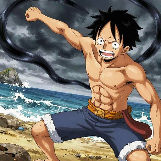 Anime-style drawing of a muscular, shirtless young man with black spiky hair, blue shorts, and a red sash, shouting with a fist