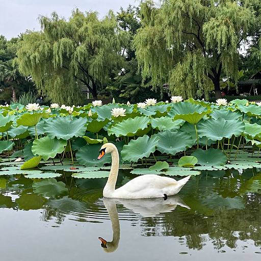 Photograph of a white swan with an orange beak gliding on a reflective pond, surrounded by large green lily pads and white water l