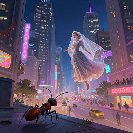 Digital art: Giant bride in flowing white dress and veil floats over neon-lit city street, with ant in foreground, cars below.