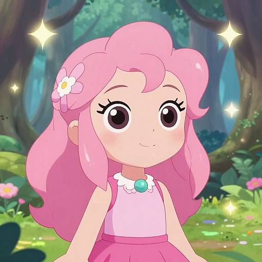 Anime-style digital drawing of a cute girl with pink hair, large black eyes, wearing a white top and pink skirt, adorned with a flower and turquoise