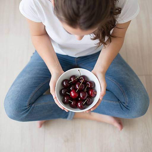Photograph of a woman with long brown hair, wearing a white t-shirt and blue jeans, sitting cross-legged on wooden floor, holding a white bowl