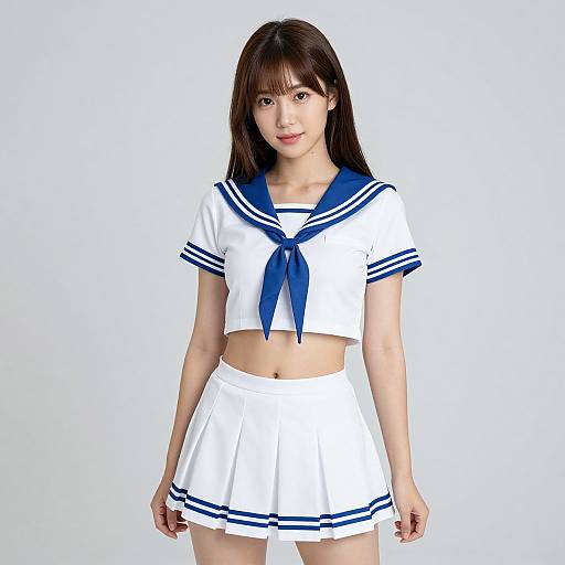 Photograph of an Asian woman with straight brown hair, wearing a white Japanese schoolgirl outfit with blue sailor collar and skirt, standing against a plain white