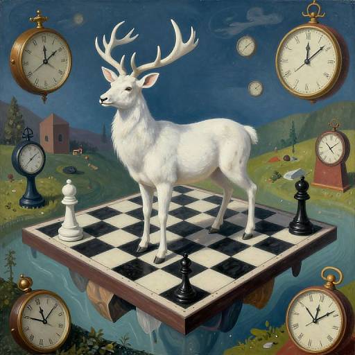 Digital painting of a white deer standing on a floating chessboard surrounded by clock faces, black and white chess pieces, and a surreal landscape.
