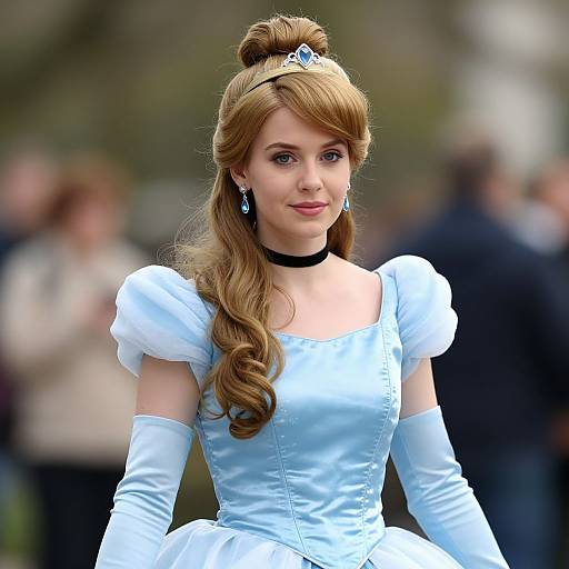 Photograph of a young woman with fair skin and long, wavy blonde hair, wearing a light blue princess dress, white gloves, black choker