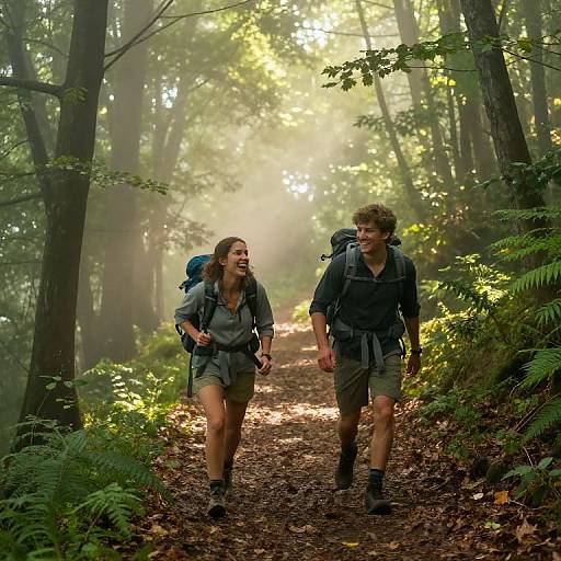 Photograph of a smiling couple hiking on a forest path, both wearing hiking gear and backpacks, surrounded by sunlight and greenery.