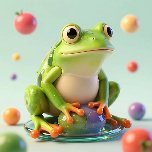Digital CGI of a green frog with large eyes, orange toes, and a white belly, sitting on a blue orb amidst colorful floating spheres. Bright,
