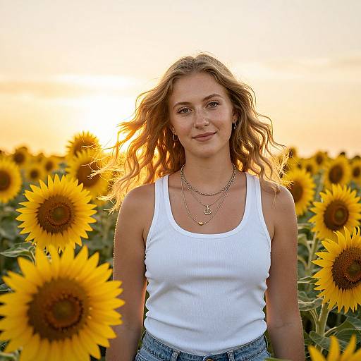 Photograph of a smiling, wavy-haired woman in a white tank top and layered necklaces, standing in a sunlit sunflower field.