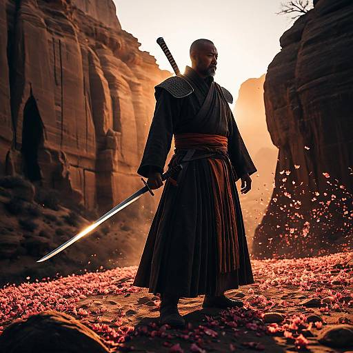Ancient Desert Monk with Katana at Sunset