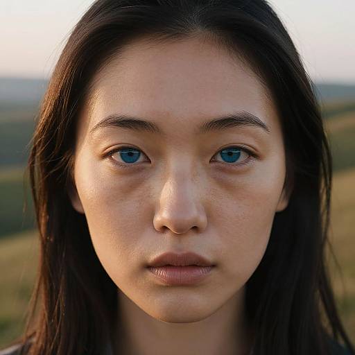Close-up photograph of a young woman with fair skin, blue eyes, straight dark brown hair, and neutral expression, set against a blurred outdoor background.