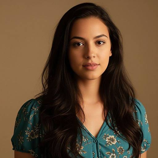 Photograph of a young woman with long, dark brown hair, light brown skin, and brown eyes, wearing a teal floral blouse, against a beige