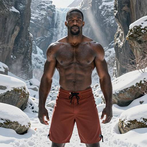 Muscular man in rust-red shorts in snowy mountain canyon