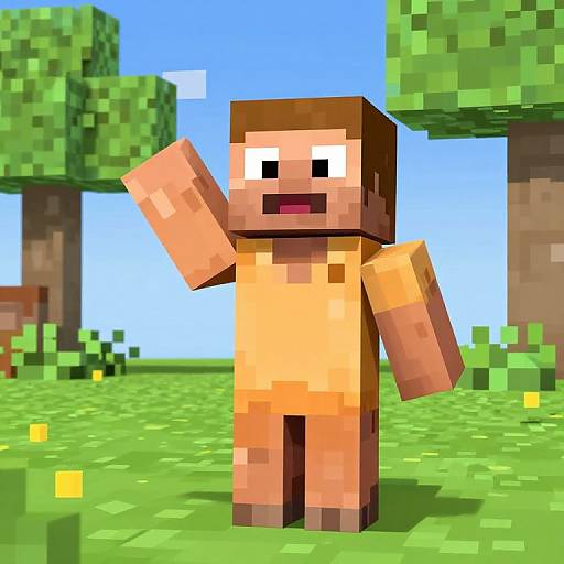 Pixel art of a blocky, humanoid character with brown hair, raised arm, in a grassy, tree-filled Minecraft landscape.