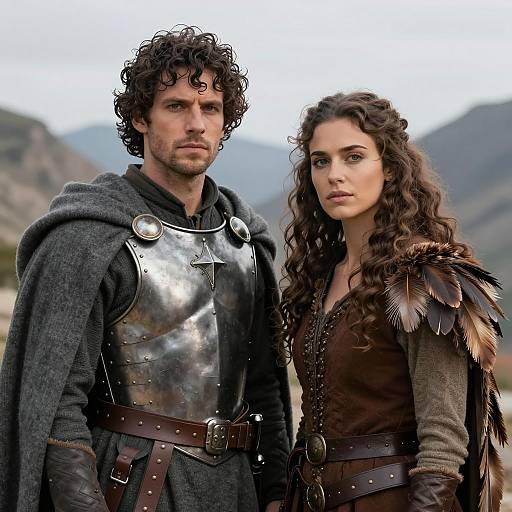 Medieval Couple in Armor and Feathered Garment Outdoors