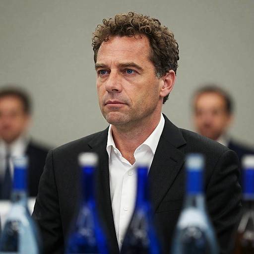 Serious Businessman Portrait with Blue Bottles