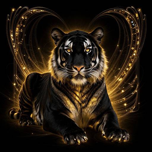 Digital artwork of a fierce black tiger with glowing golden eyes and fur, surrounded by radiant, heart-shaped, golden light trails.