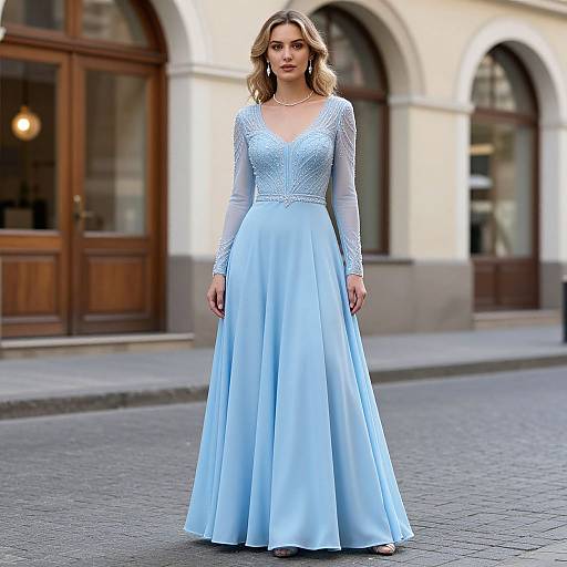 Photograph of a blonde woman in a light blue, long-sleeved, lace bodice gown with a flowing skirt, standing on a cobble