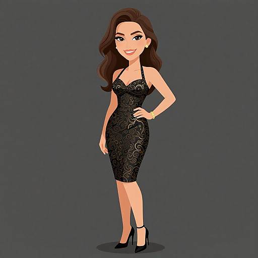 Cartoon-style drawing of a smiling woman with long dark brown hair, wearing a black lace form-fitting dress and black heels, standing against a dark