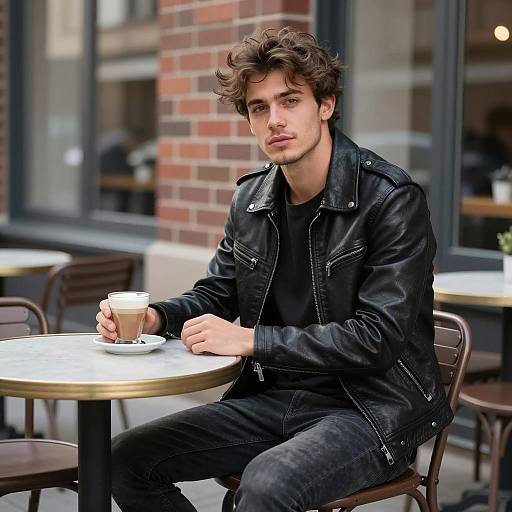 Young Man in Leather Jacket at Outdoor Cafe