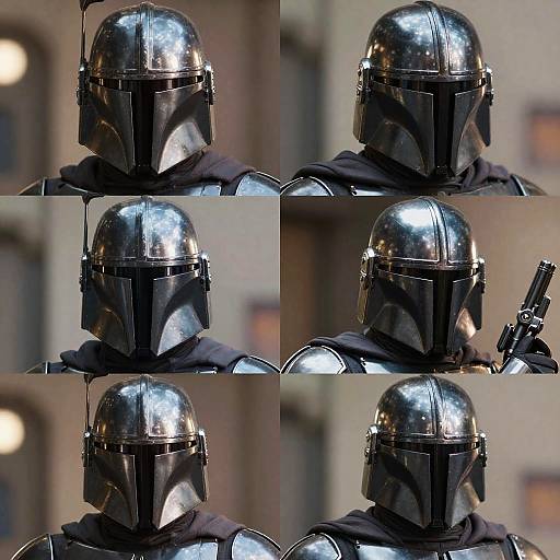 Photograph collage of close-ups of a shiny black Mandalorian helmet with T-shaped visor, worn over a dark cloak, in an urban background.