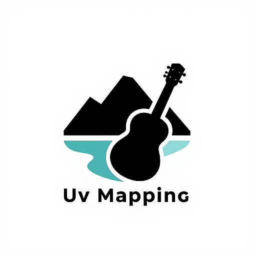 Digital logo featuring a black silhouette of an acoustic guitar with mountains, turquoise water below, and 