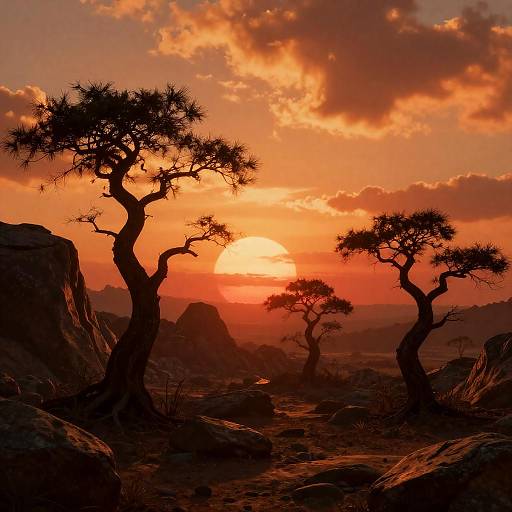 Fiery Sunset Over Alien Rocky Wastes