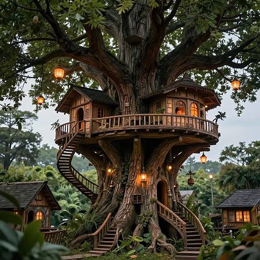 Photograph of a whimsical, wooden treehouse with two levels, lit by glowing lanterns, accessed by winding staircases, nestled in a lush