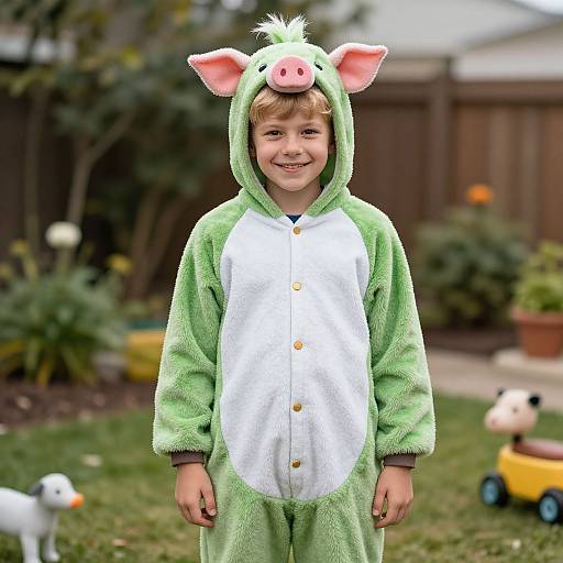 Photograph of a smiling young boy in a green and white plush pig costume with pink ears, standing in a backyard.